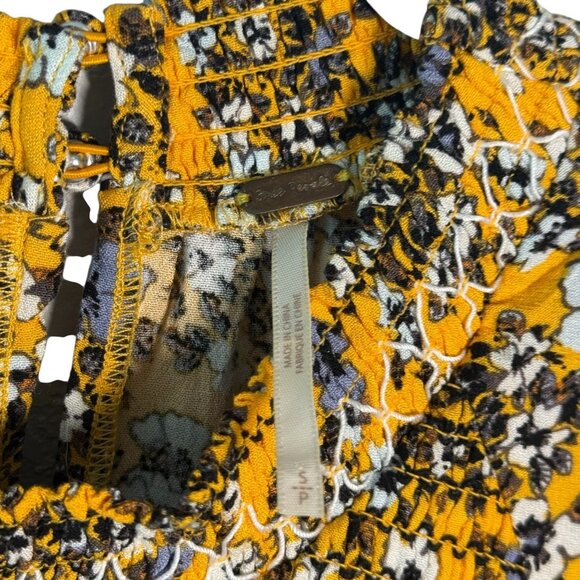 Free People Yellow Floral Boho Smocked Long Sleeve Top Tunic S - Picture 6 of 8